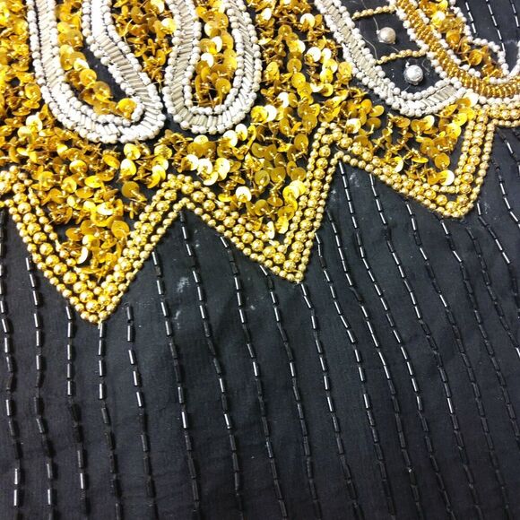 Vintage Ensemble SZ L Fully Beaded Sequin Black Gold Cocktail Formal Prom Dress - Picture 9 of 10